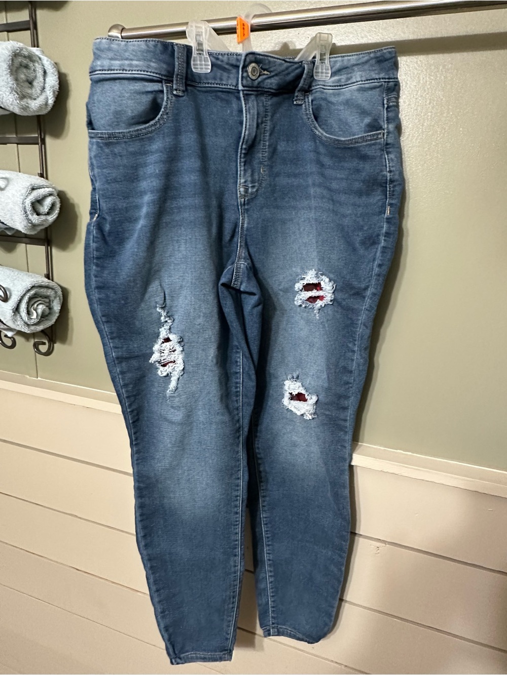 Maurices Light Blue Distressed Skinny Jeans with plaid patchwork